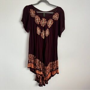 Sunflower Boho Embroidered Brown Orange Sequin Tunic Top Free Size